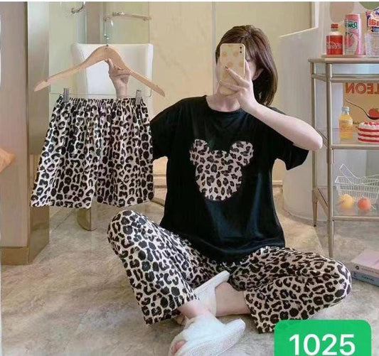 Comfortable three pcs printed cotton jersy night suit for women